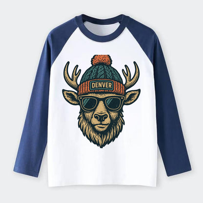 Denver Elk wearing Denver beanie with pom pom and wayfarer sunglasses - Raglan Long Sleeve T-Shirt - Blue