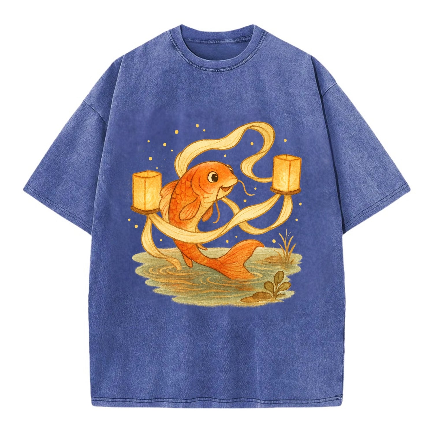 Koi weaving silk streamers through floating lanterns on tranquil water - Vintage T-shirt - Blue