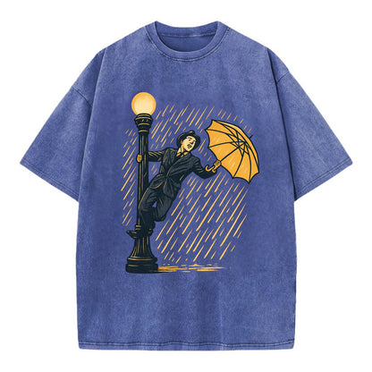 joyful dancing on lamppost in heavy rain with big smile - Vintage T-shirt - Blue