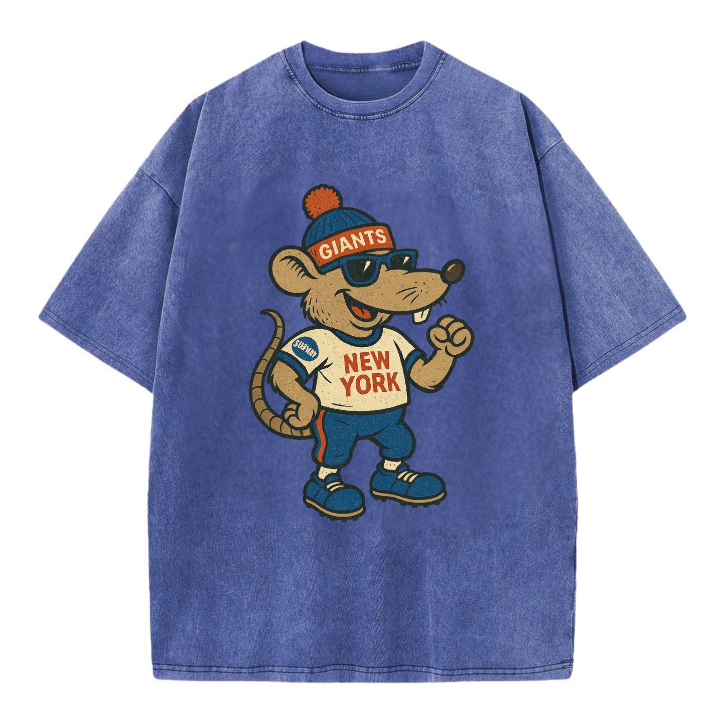 New York Rat wearing Giants beanie with subway patch and wayfarer sunglasses - Vintage T-shirt - Blue