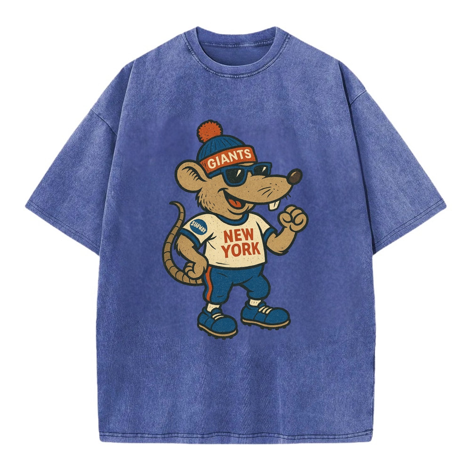 New York Rat wearing Giants beanie with subway patch and wayfarer sunglasses - Vintage T-shirt - Blue