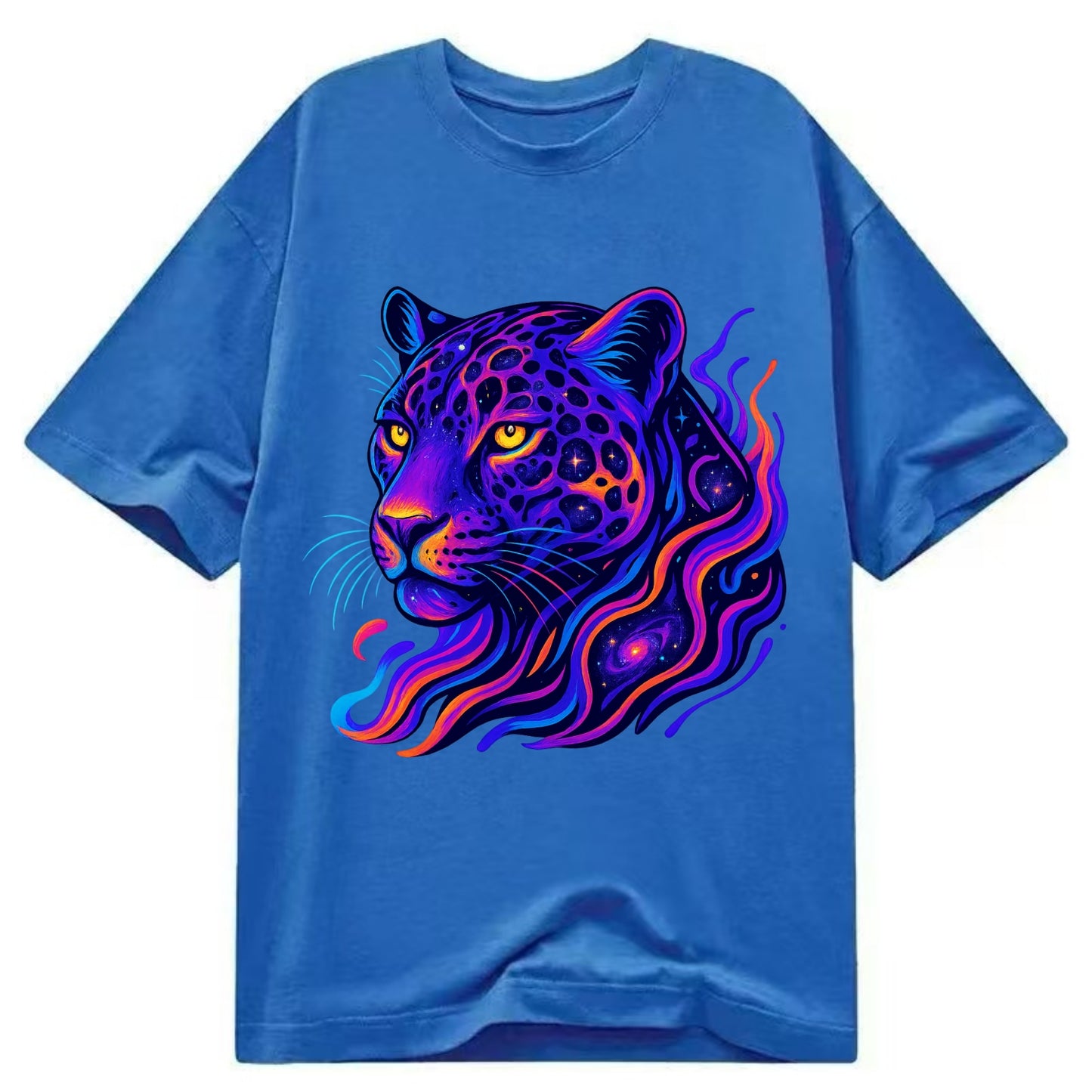 Powerful jaguar with rosettes containing miniature galaxies, cosmic purple and - Classic T-shirt - Blue
