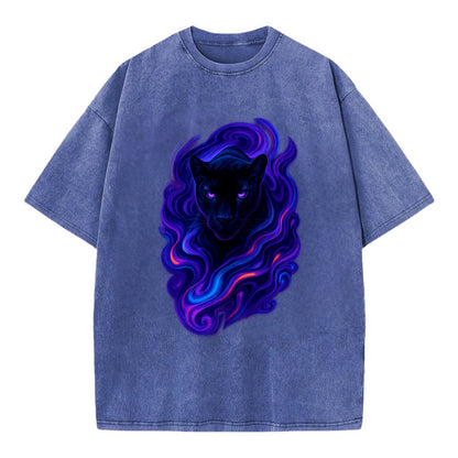 Sleek black panther emerging from swirls of deep purple and electric blue, - Vintage T-shirt - Blue