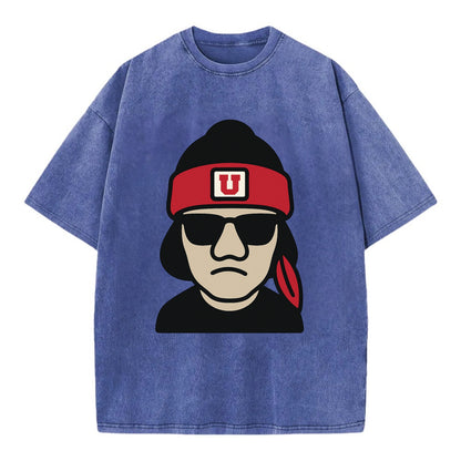 Salt Lake Ute wearing Utah beanie with U patch - Vintage T-shirt - Blue