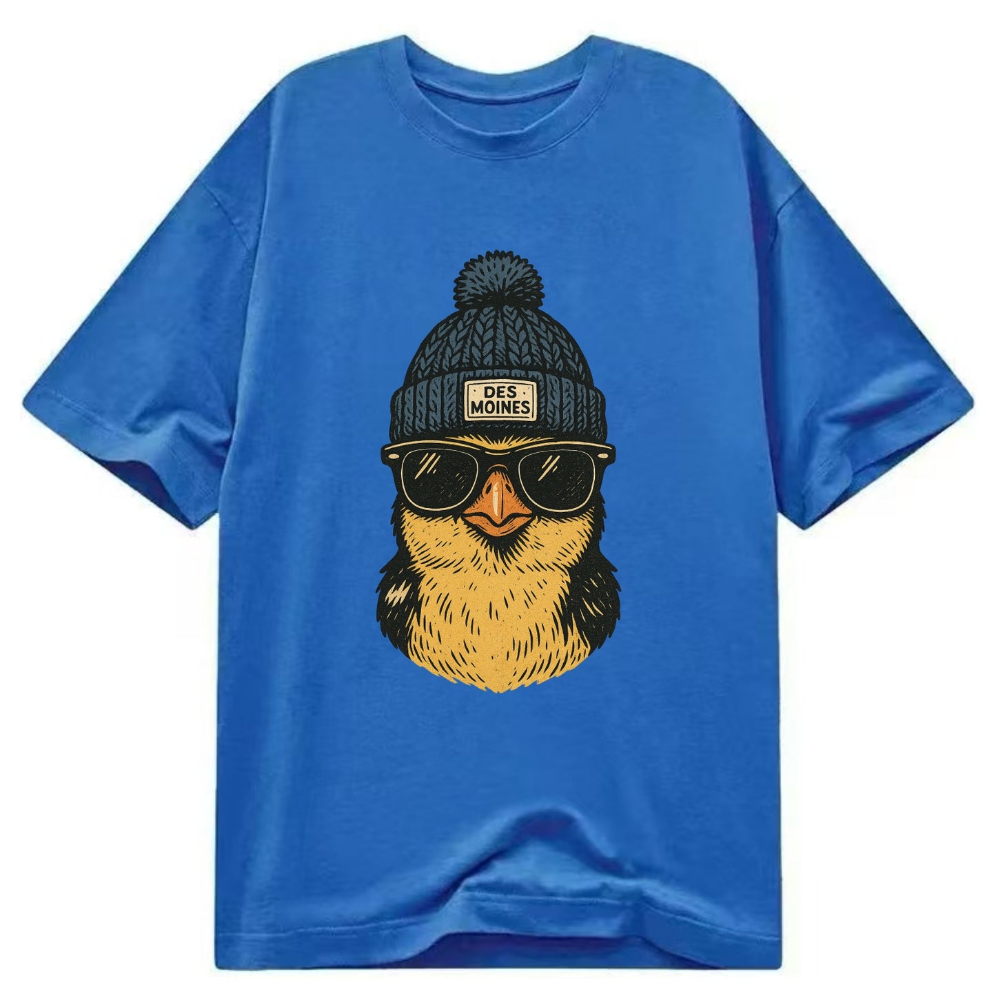 Iowa Goldfinch wearing Des Moines beanie with pom pom and wayfarer sunglasses - Classic T-shirt - Blue