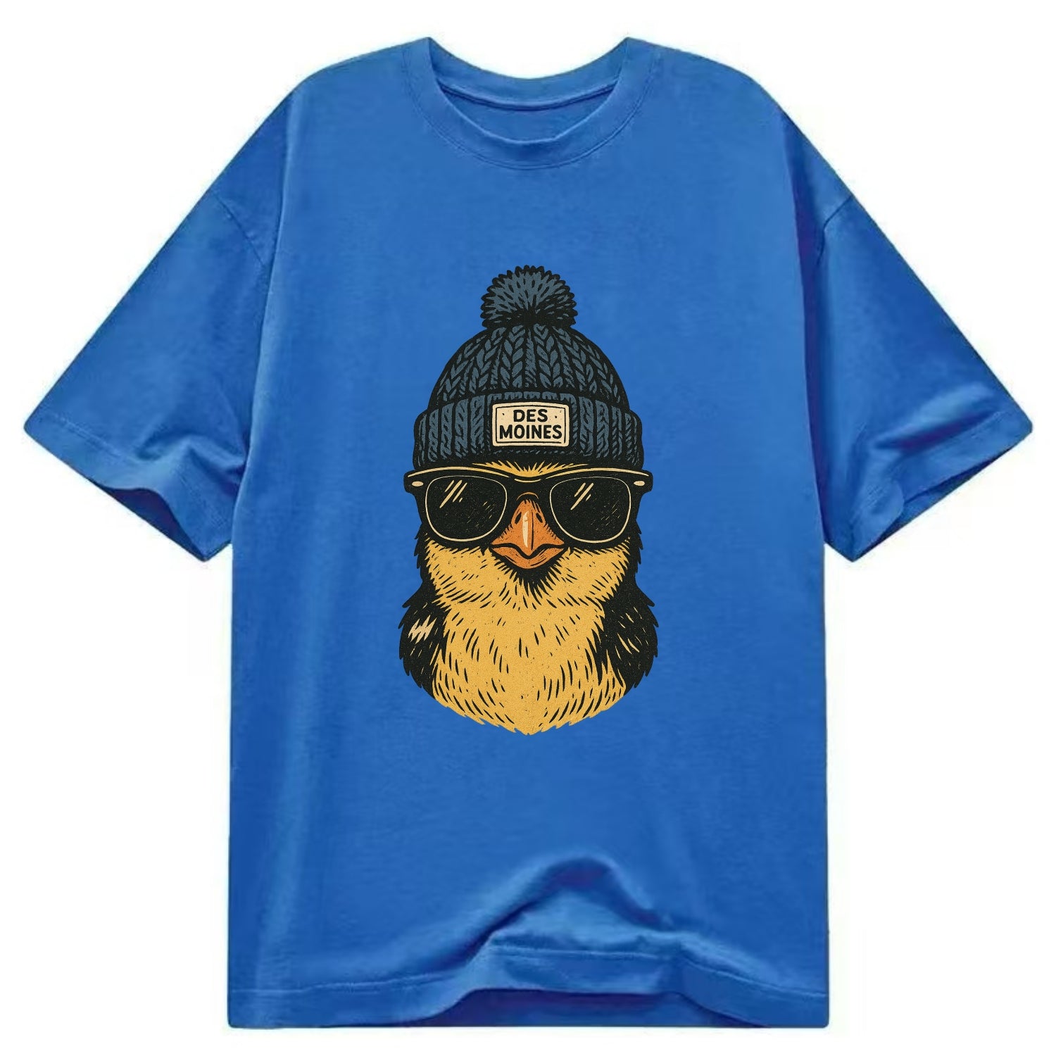 Iowa Goldfinch wearing Des Moines beanie with pom pom and wayfarer sunglasses - Classic T-shirt - Blue