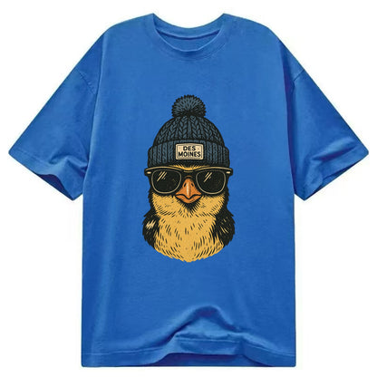 Iowa Goldfinch wearing Des Moines beanie with pom pom and wayfarer sunglasses - Classic T-shirt - Blue