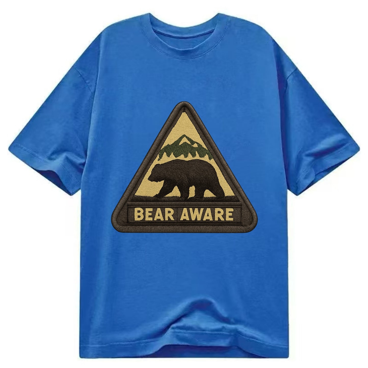 BEAR AWARE - bear silhouette warning in brown and yellow , wilderness safety - Classic T-shirt - Blue