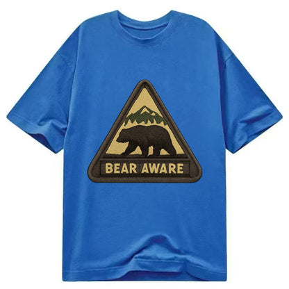 BEAR AWARE - bear silhouette warning in brown and yellow , wilderness safety - Classic T-shirt - Blue