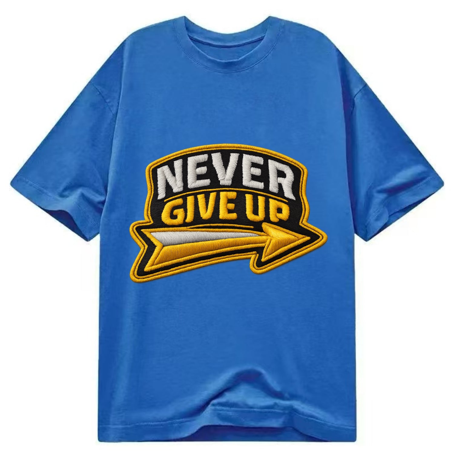NEVER GIVE UP - bold text with arrow in gold , determination - Classic T-shirt - Blue
