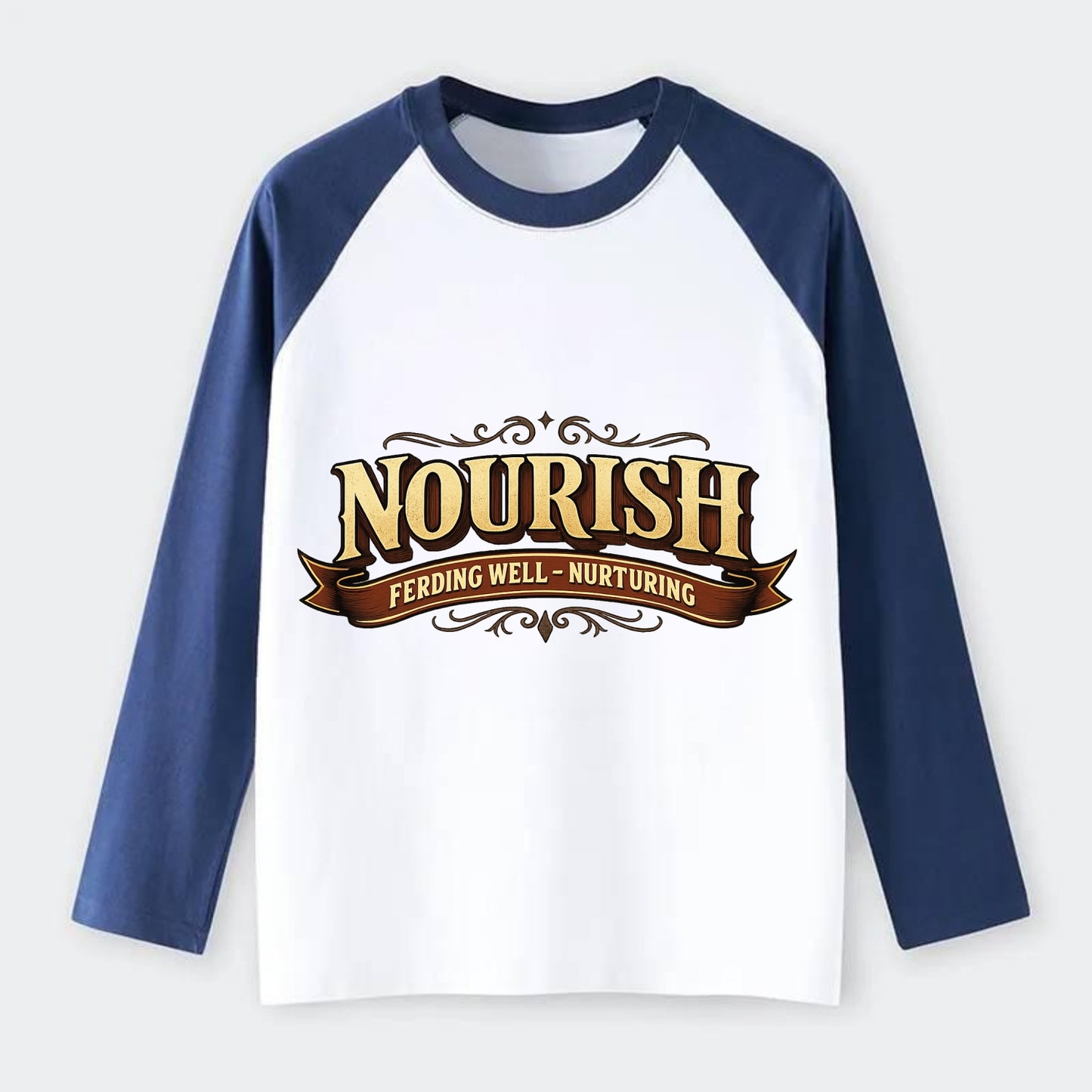 Bold typography design - "NOURISH" - feeding well, nurturing - Raglan Long Sleeve T-Shirt - Blue