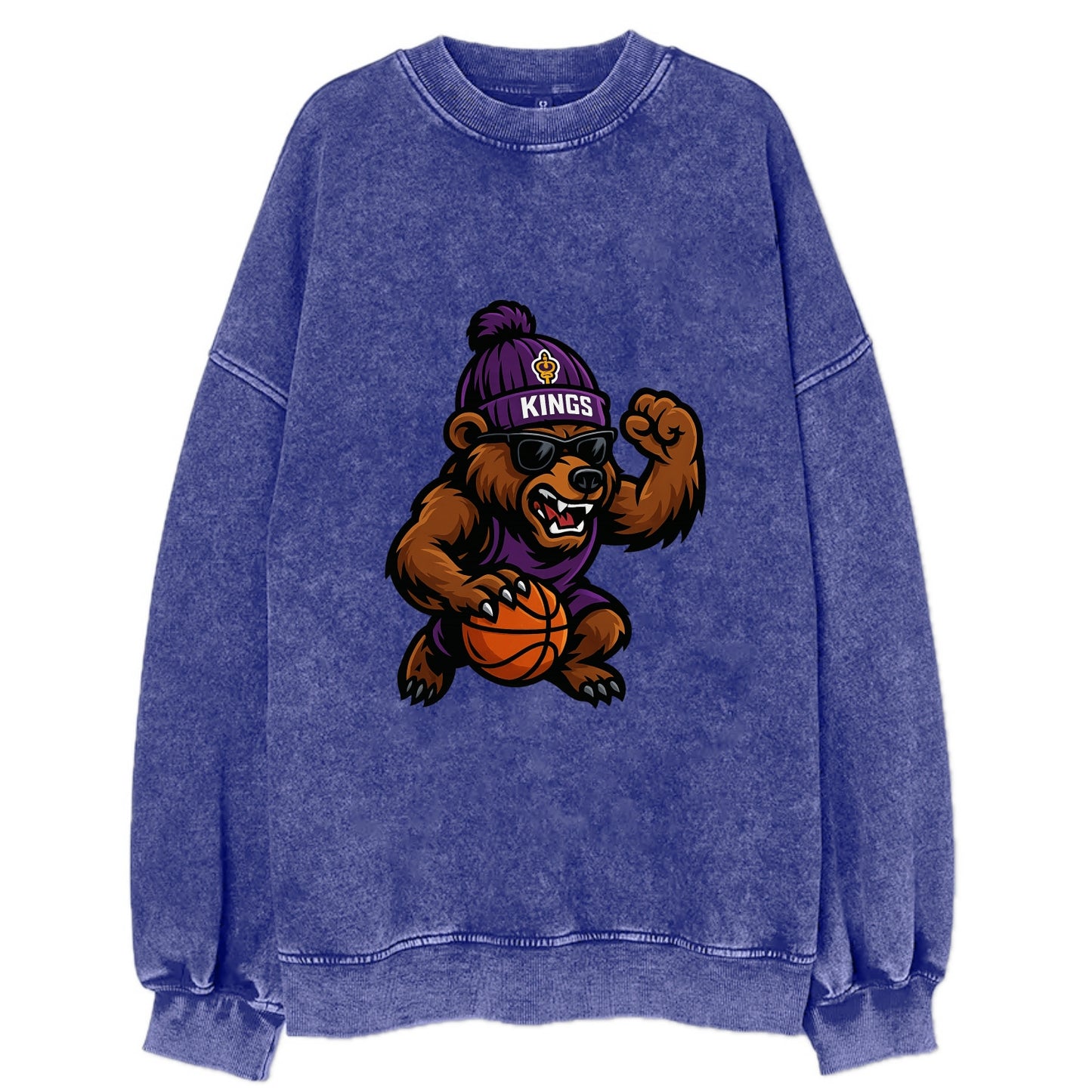 California Grizzly wearing Kings beanie with royal scepter patch and wayfarer - Vintage Sweatshirt - Blue