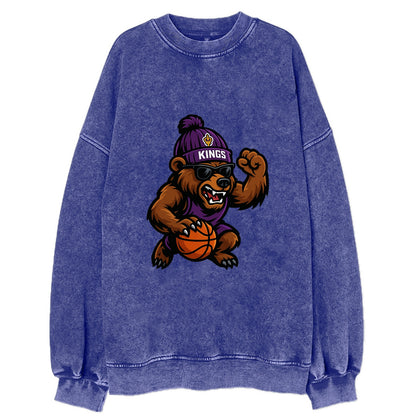 California Grizzly wearing Kings beanie with royal scepter patch and wayfarer - Vintage Sweatshirt - Blue