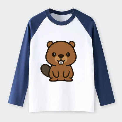 Baby Beaver - brown fur, paddle tail, buck teeth, friendly eyes, - Raglan Long Sleeve T-Shirt - Blue