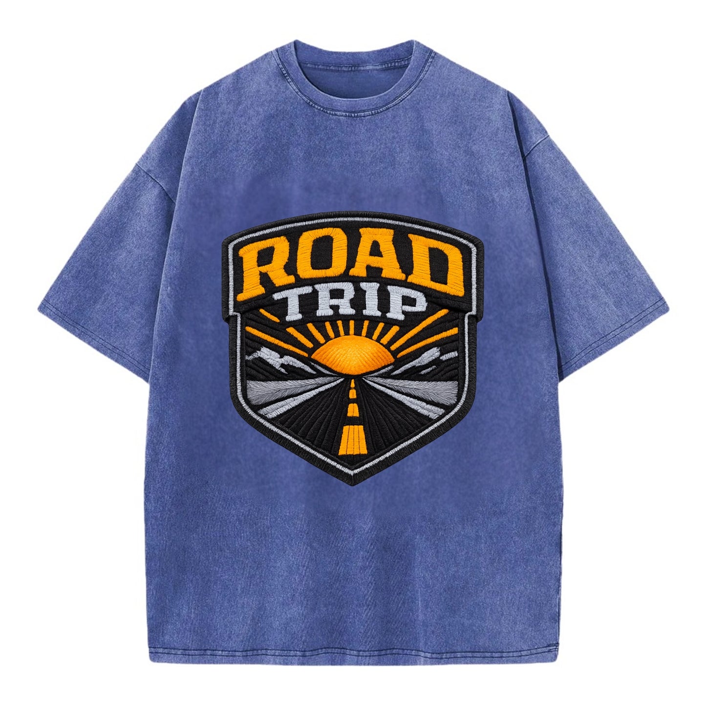 ROAD TRIP - highway and sun in orange and gray , open road - Vintage T-shirt - Blue