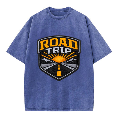 ROAD TRIP - highway and sun in orange and gray , open road - Vintage T-shirt - Blue