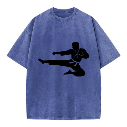 Martial artist flying kick - Vintage T-shirt - Blue