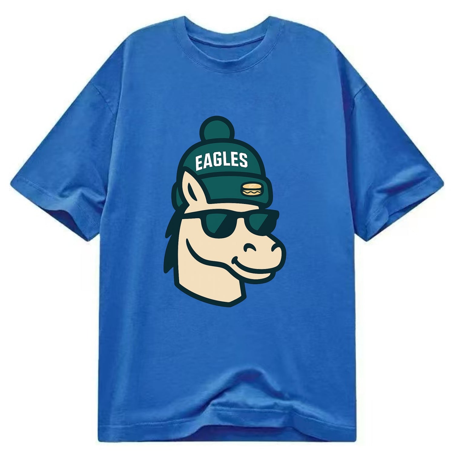 Philadelphia Horse wearing Eagles beanie with cheesesteak patch and wayfarer - Classic T-shirt - Blue