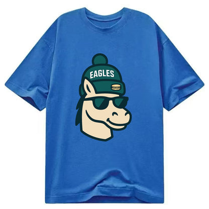 Philadelphia Horse wearing Eagles beanie with cheesesteak patch and wayfarer - Classic T-shirt - Blue