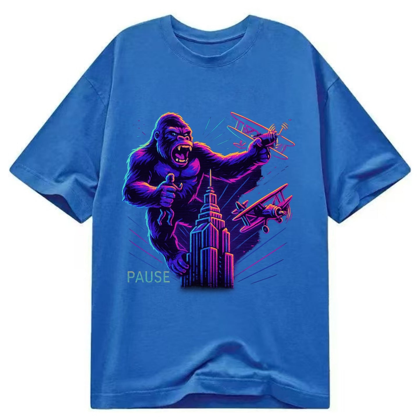 giant gorilla on top of skyscraper holding small figure, swatting planes - Classic T-shirt - Blue