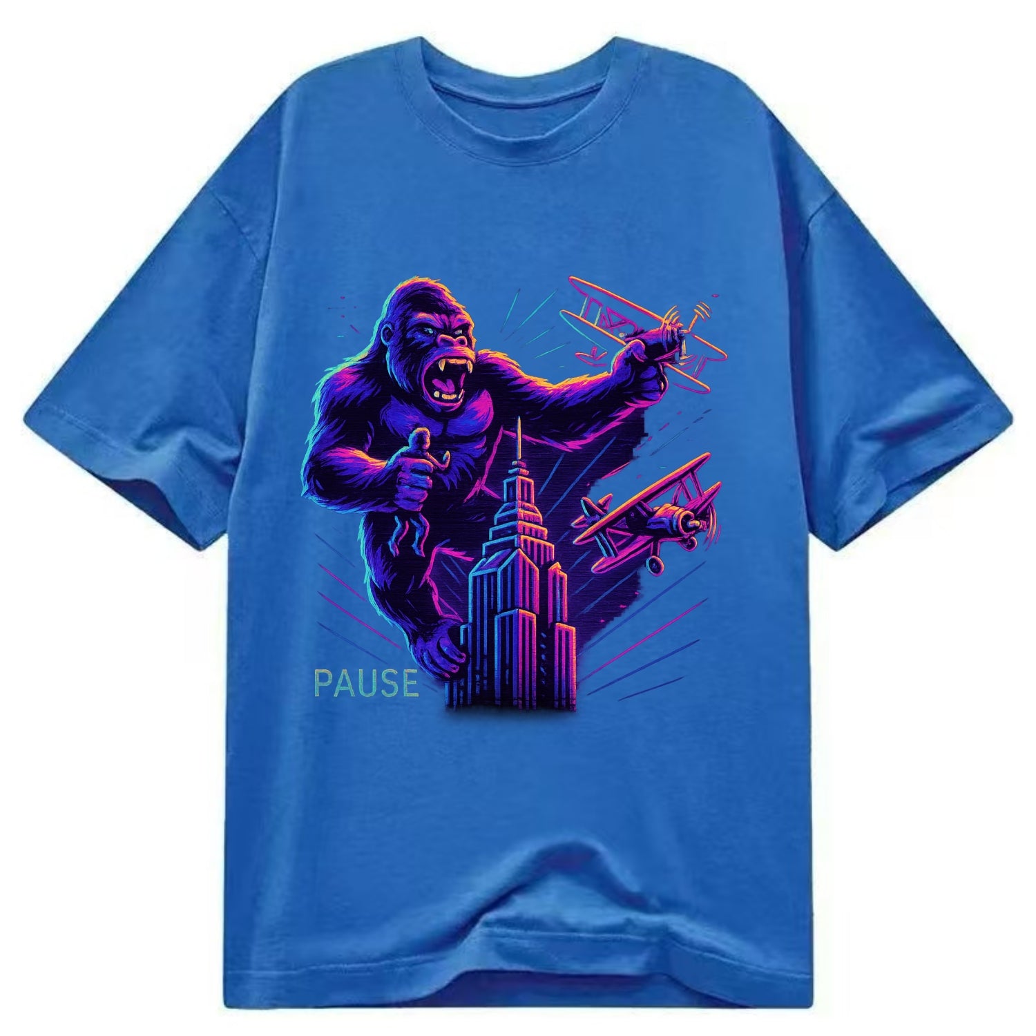 giant gorilla on top of skyscraper holding small figure, swatting planes - Classic T-shirt - Blue