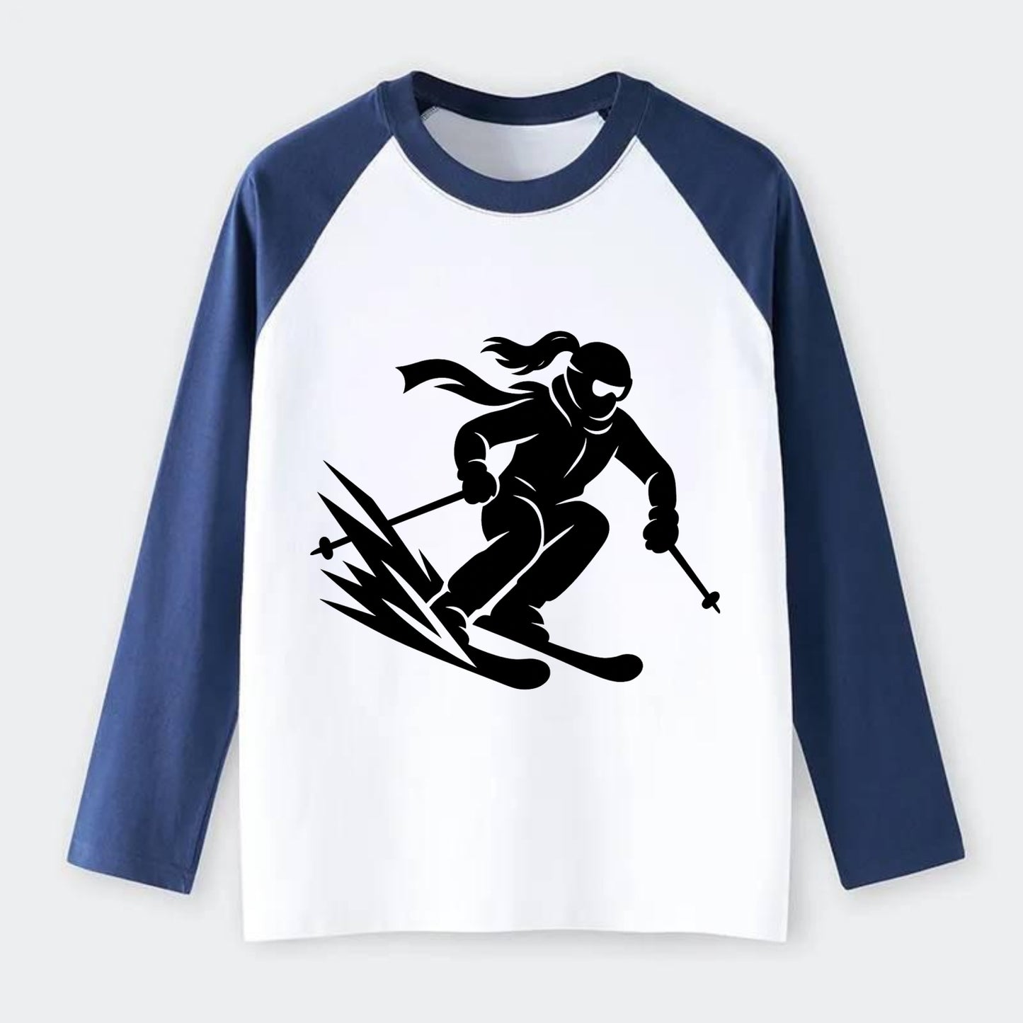 Skier carving down snowy slope - Raglan Long Sleeve T-Shirt - Blue