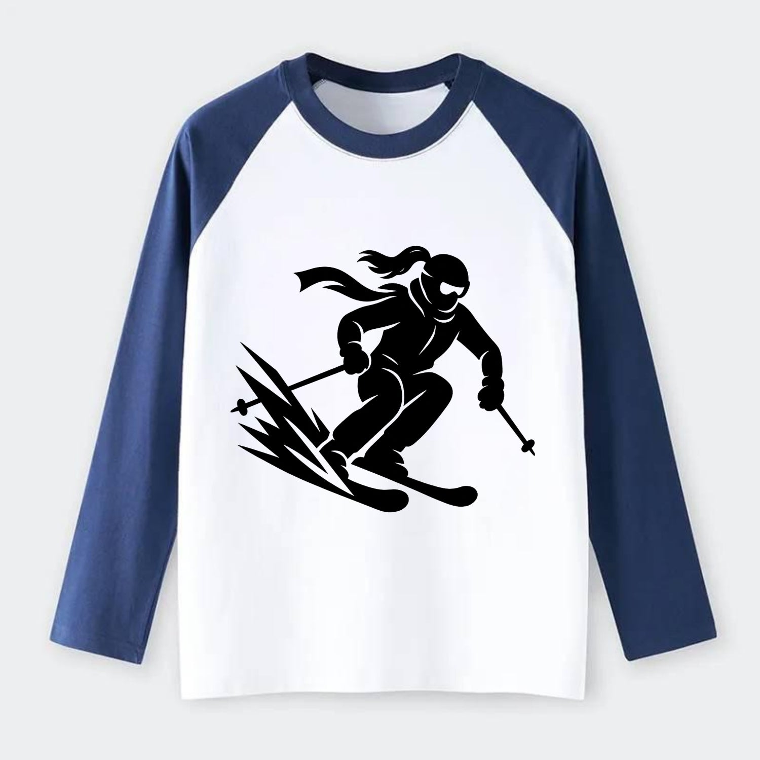 Skier carving down snowy slope - Raglan Long Sleeve T-Shirt - Blue