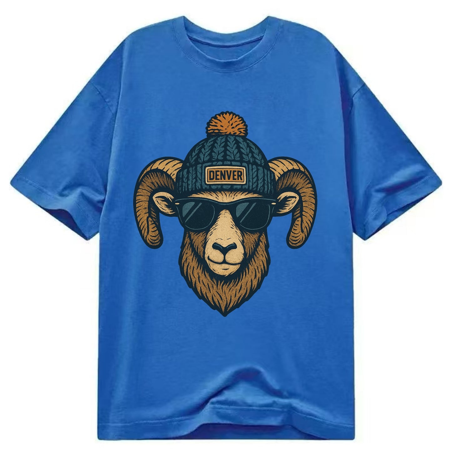 Colorado Rocky Mountain Bighorn Sheep wearing Denver beanie with pom pom and - Classic T-shirt - Blue