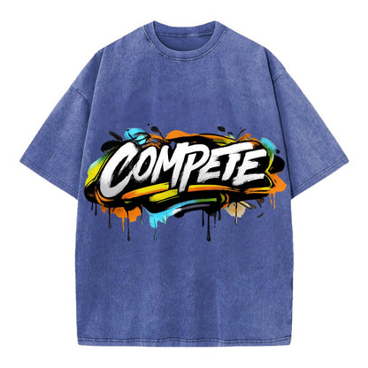 Bold typography design - "COMPETE" - competitive spirit, love the game - Vintage T-shirt - Blue