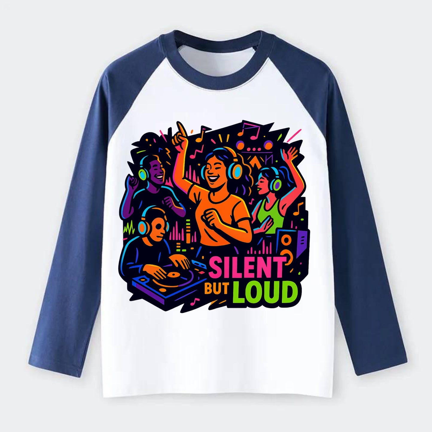 Silent disco dancers with glowing headphones - "Silent But Loud" - - Raglan Long Sleeve T-Shirt - Blue