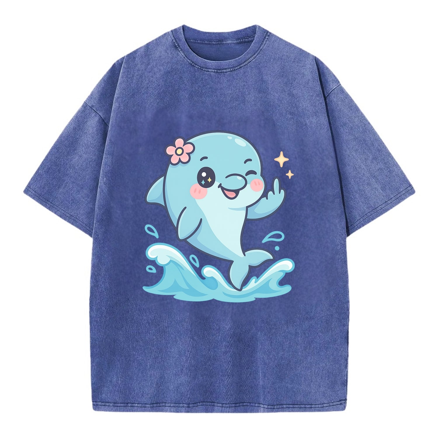 smiling dolphin jumping through ocean waves, one fin up with attitude - Vintage T-shirt - Blue