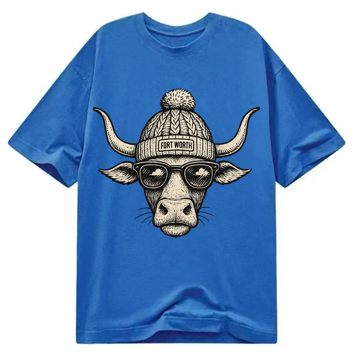 Fort Worth Longhorn wearing Fort Worth beanie with pom pom and wayfarer sunglasses - Classic T-shirt - Blue