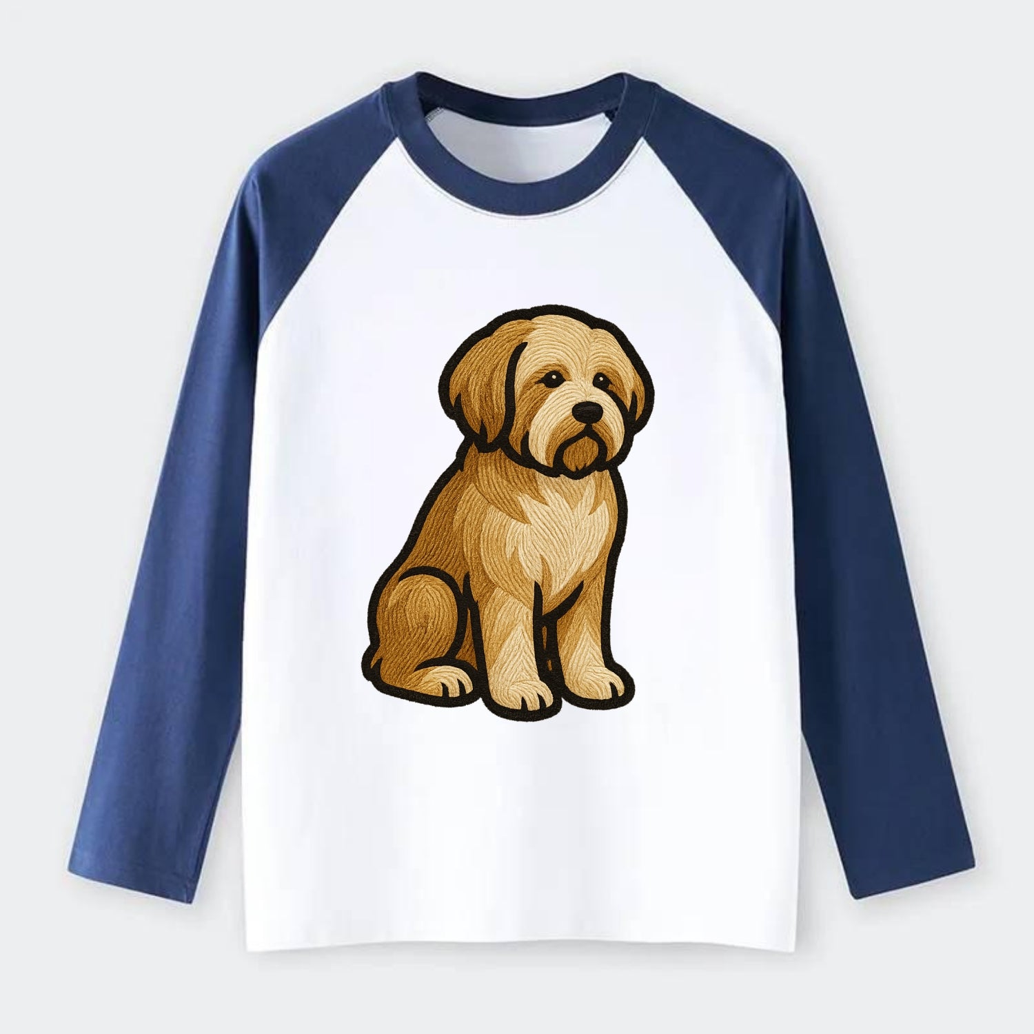 Tibetan Terrier - Gold and white embroidered sitting pose - Raglan Long Sleeve T-Shirt - Blue