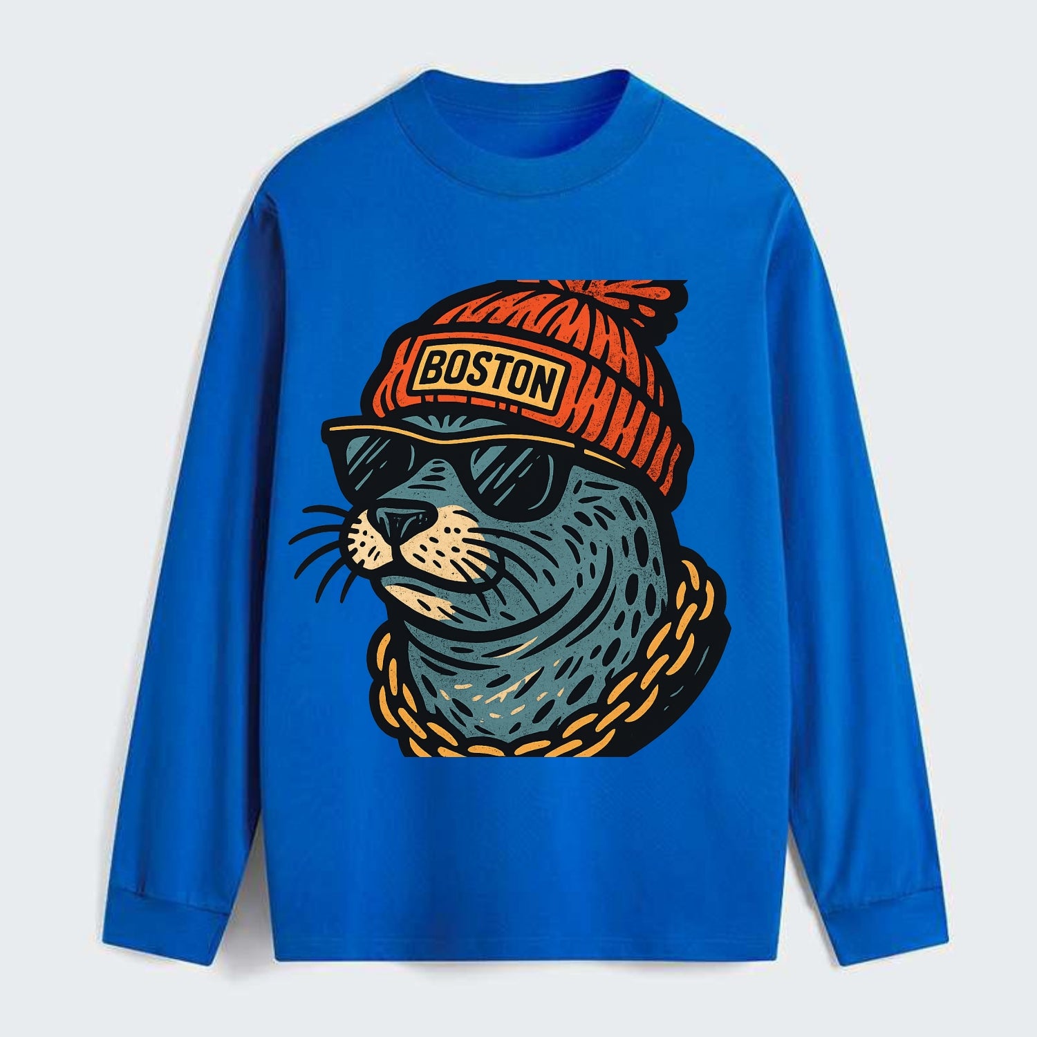Boston Harbor Seal wearing Boston beanie with pom pom and wayfarer - Classic Long Sleeve Shirt - Blue