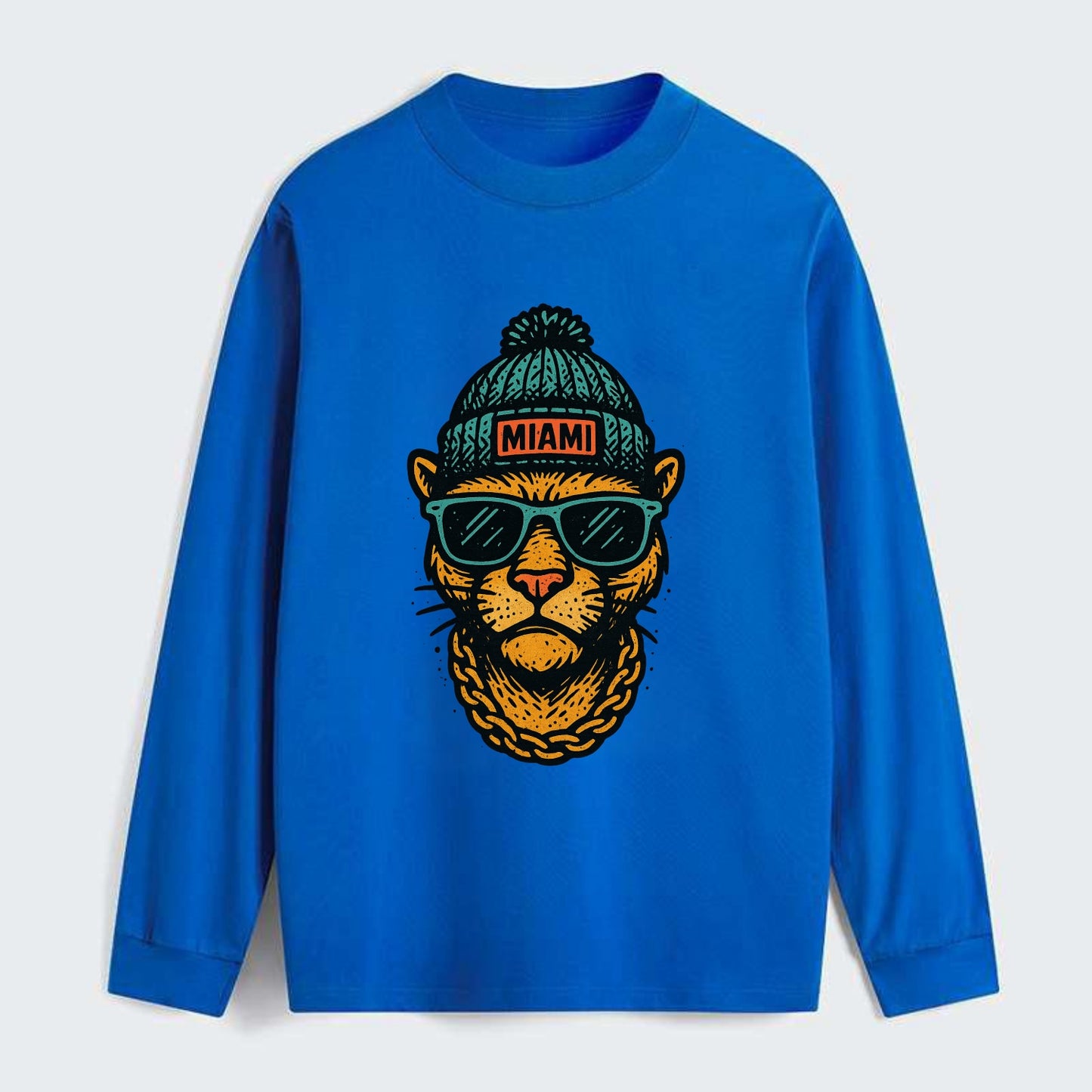 Florida Panther wearing Miami beanie with pom pom and wayfarer - Classic Long Sleeve Shirt - Blue