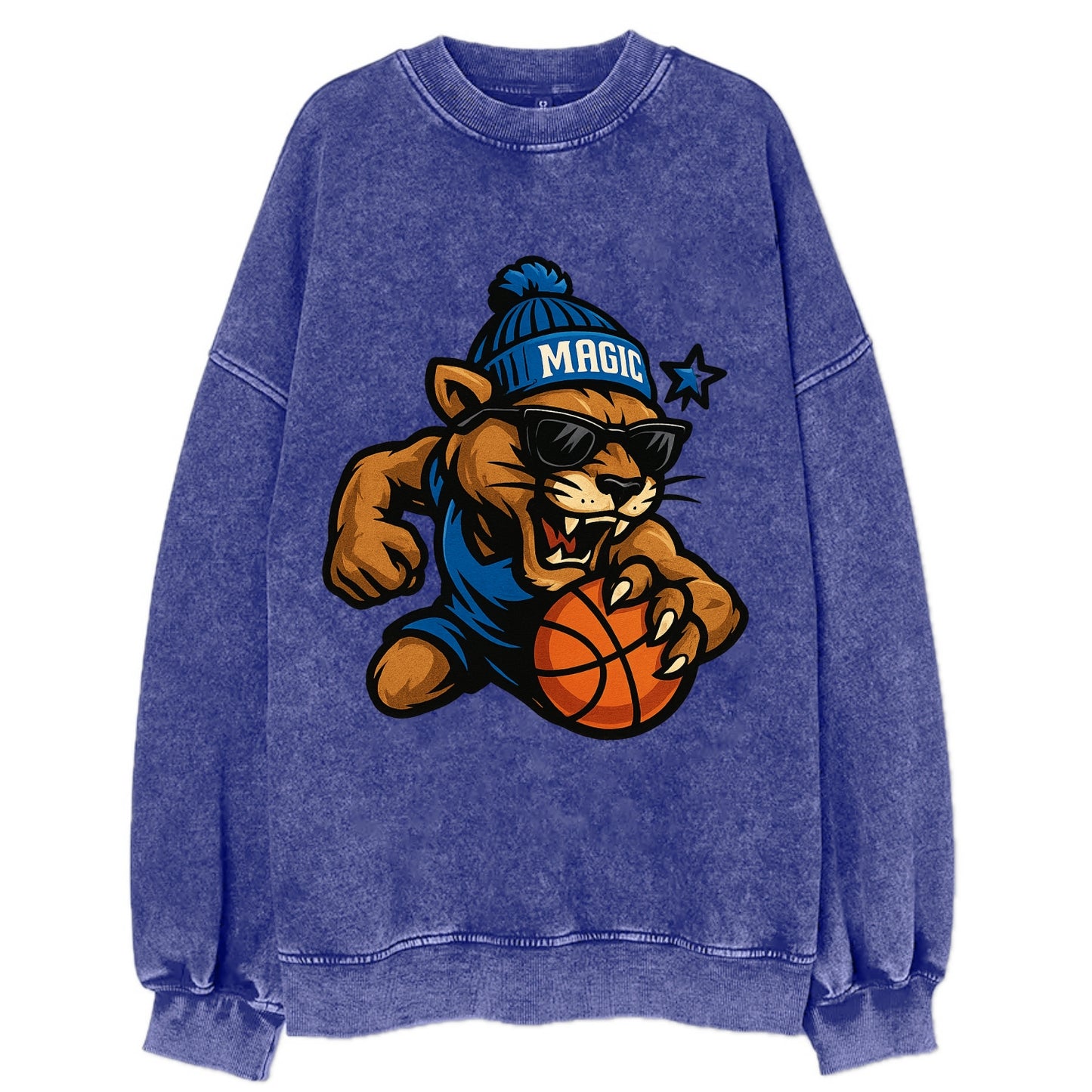 Florida Panther wearing Magic beanie with star wand patch and wayfarer - Vintage Sweatshirt - Blue