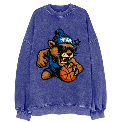 Florida Panther wearing Magic beanie with star wand patch and wayfarer - Vintage Sweatshirt - Blue