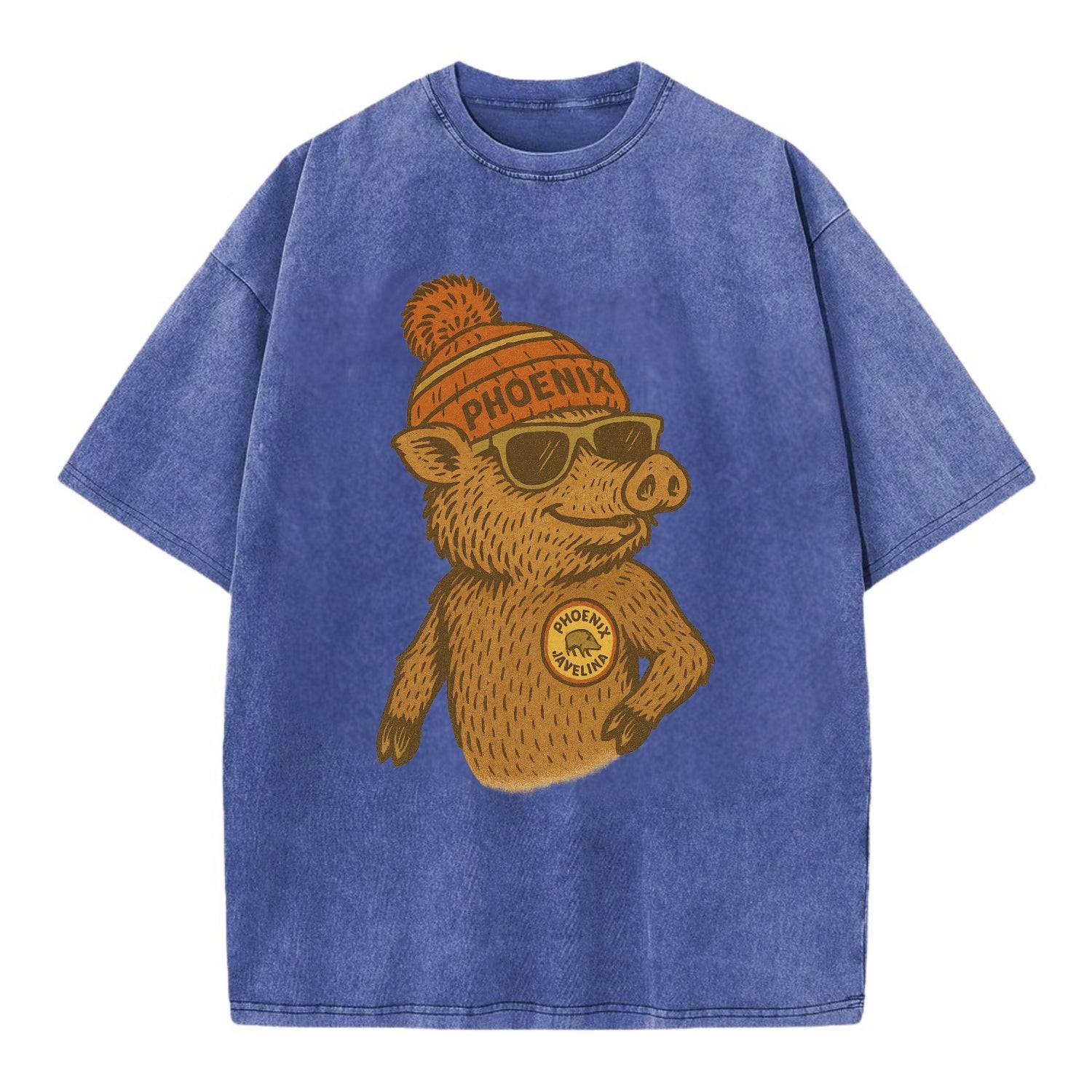Phoenix Javelina wearing Phoenix beanie with pom pom and wayfarer sunglasses - Vintage T-shirt - Blue