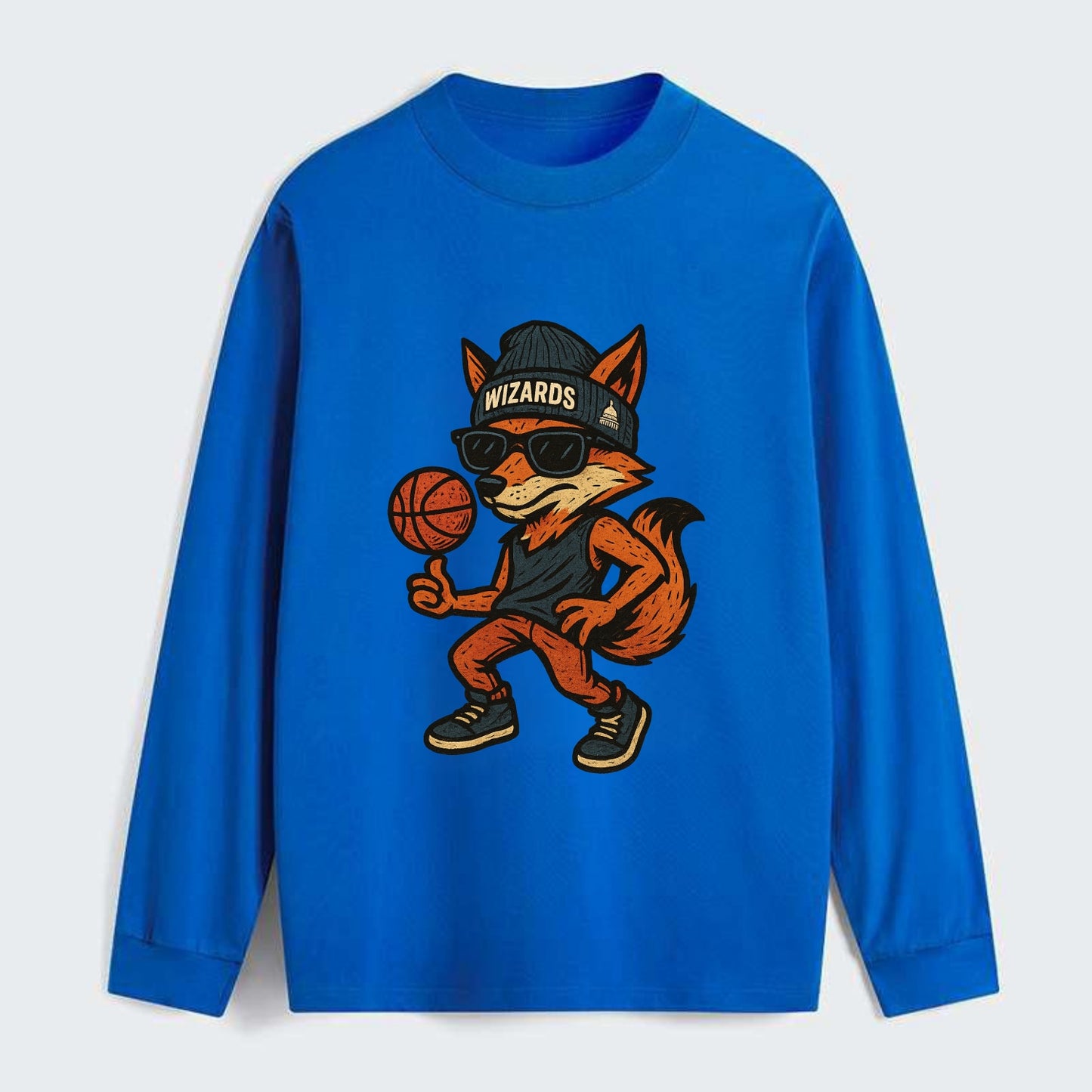 Washington Fox wearing Wizards beanie with capitol patch and wayfarer - Classic Long Sleeve Shirt - Blue