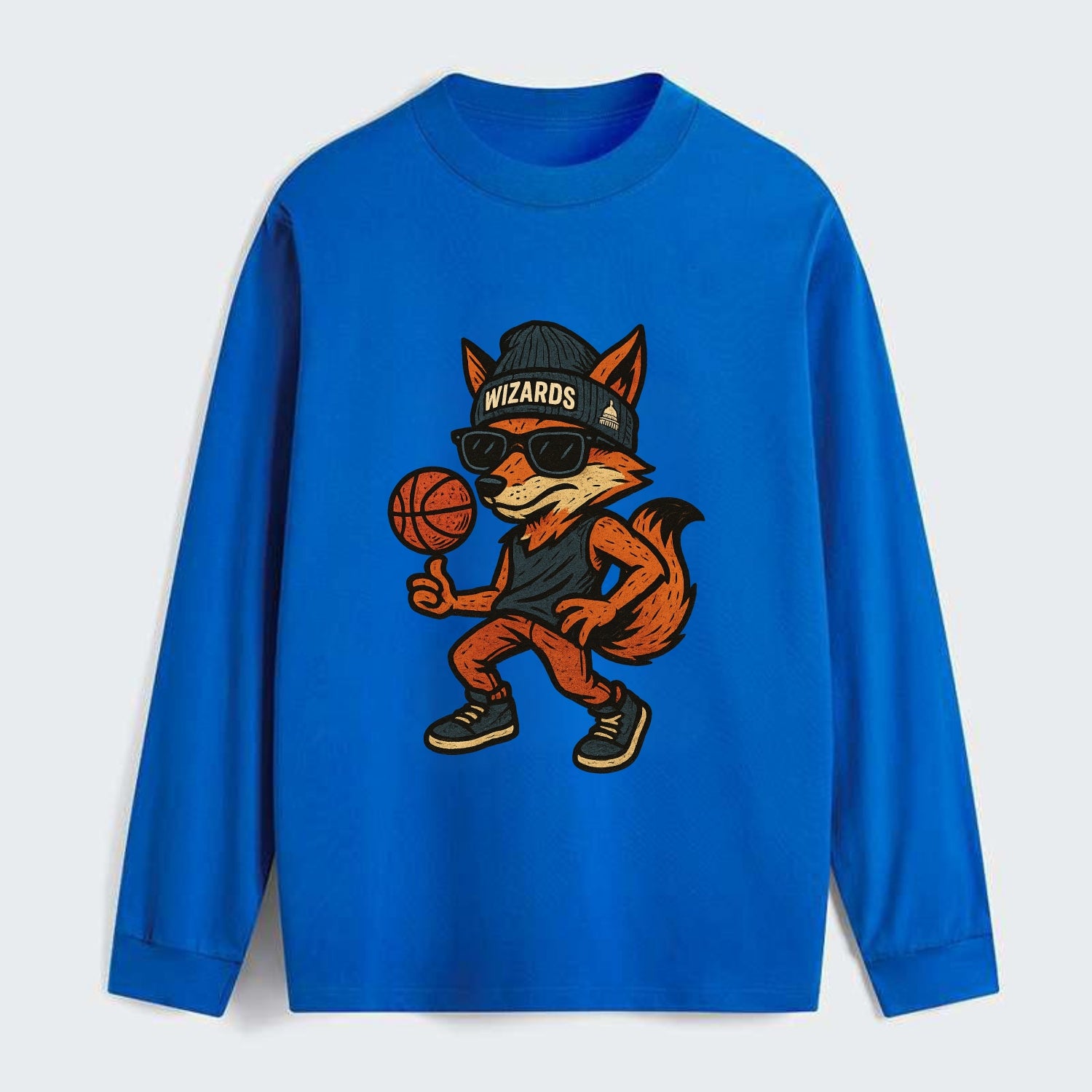 Washington Fox wearing Wizards beanie with capitol patch and wayfarer - Classic Long Sleeve Shirt - Blue