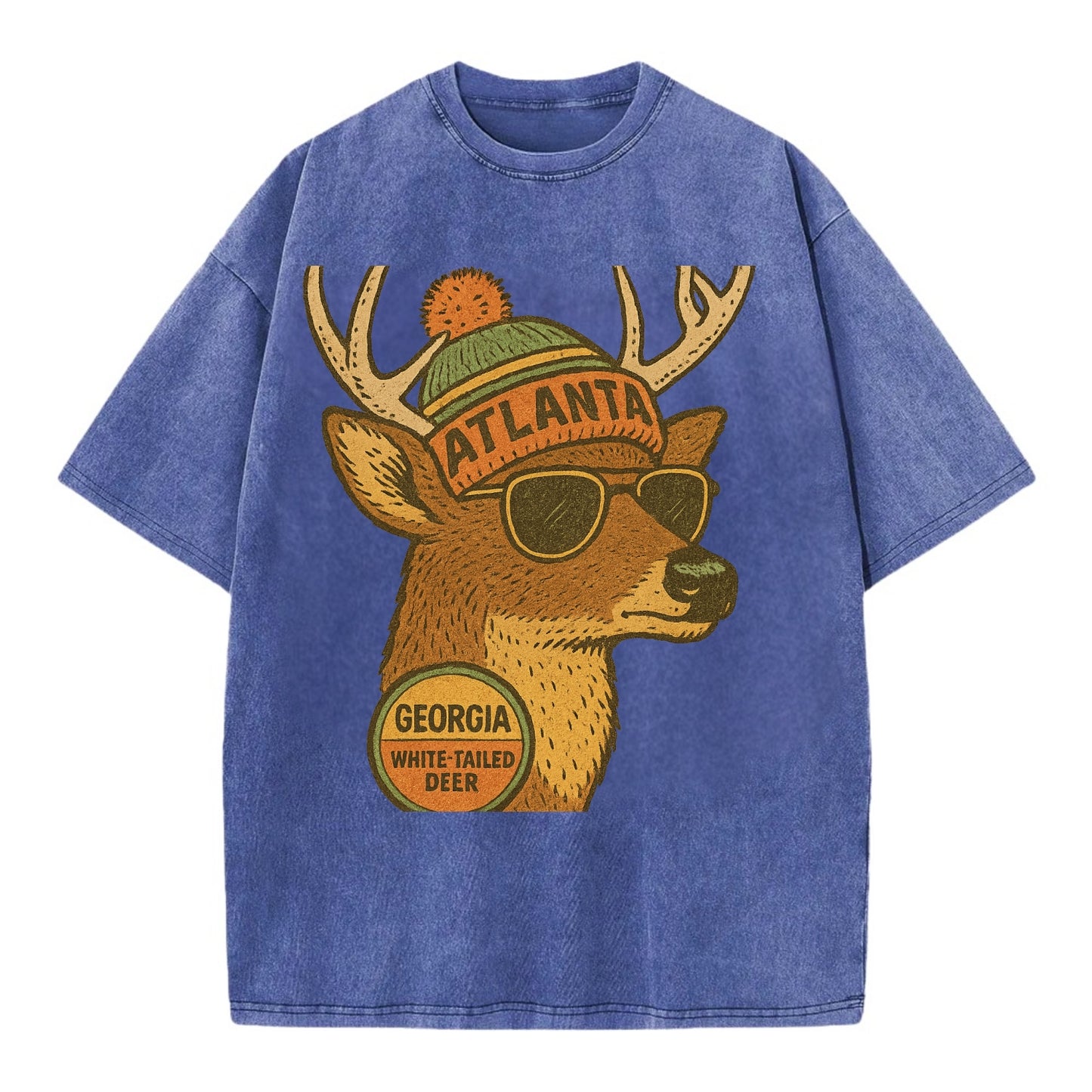 Georgia White-tailed Deer wearing Atlanta beanie with pom pom and wayfarer - Vintage T-shirt - Blue