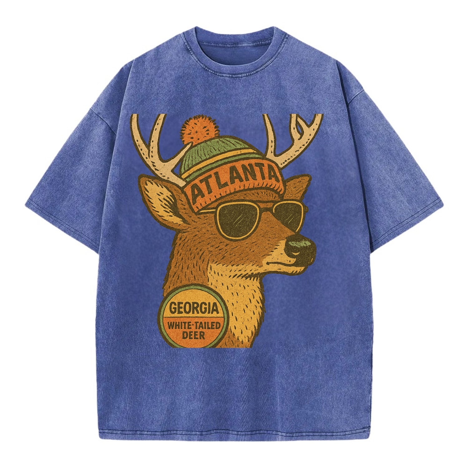 Georgia White-tailed Deer wearing Atlanta beanie with pom pom and wayfarer - Vintage T-shirt - Blue