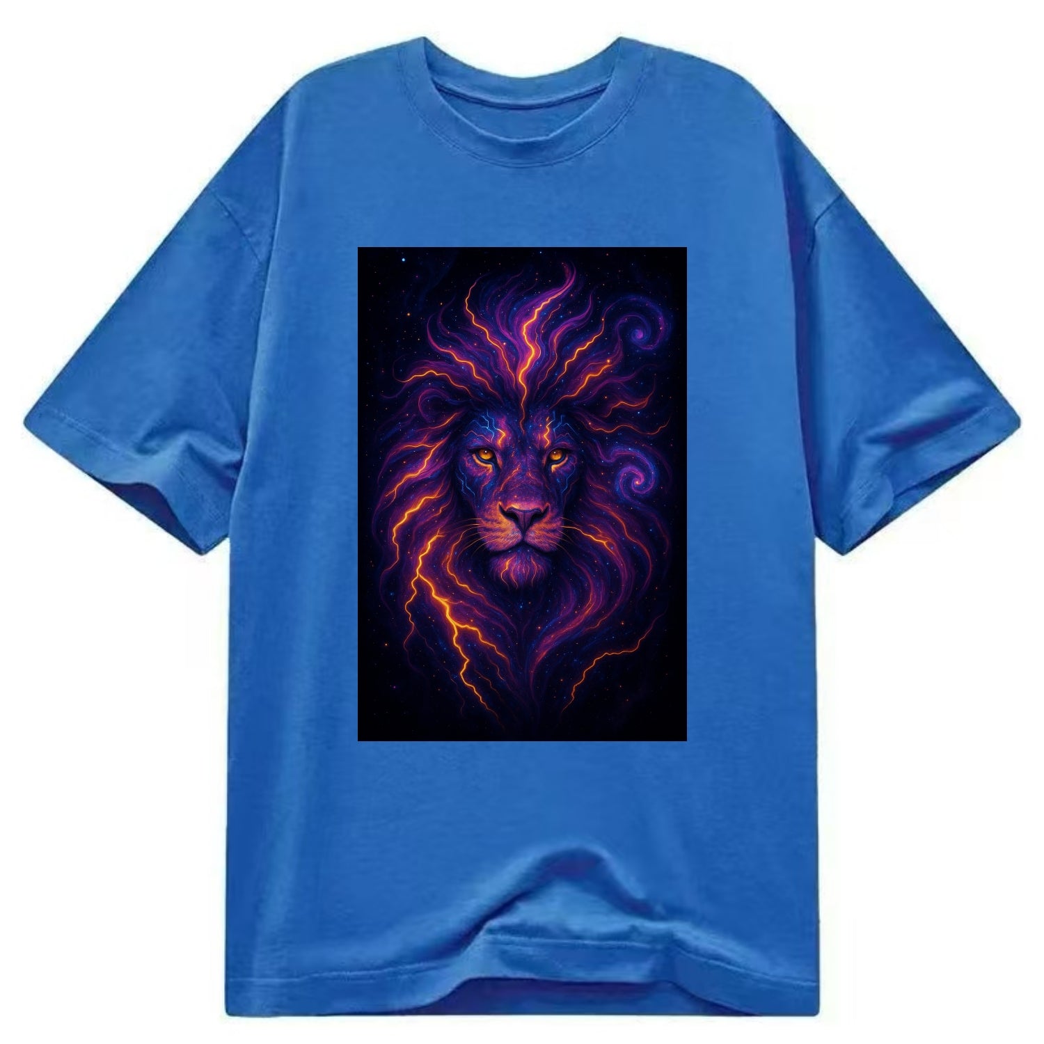 Regal lion with mane made of electric currents, neon yellow and hot pink energy - Classic T-shirt - Blue