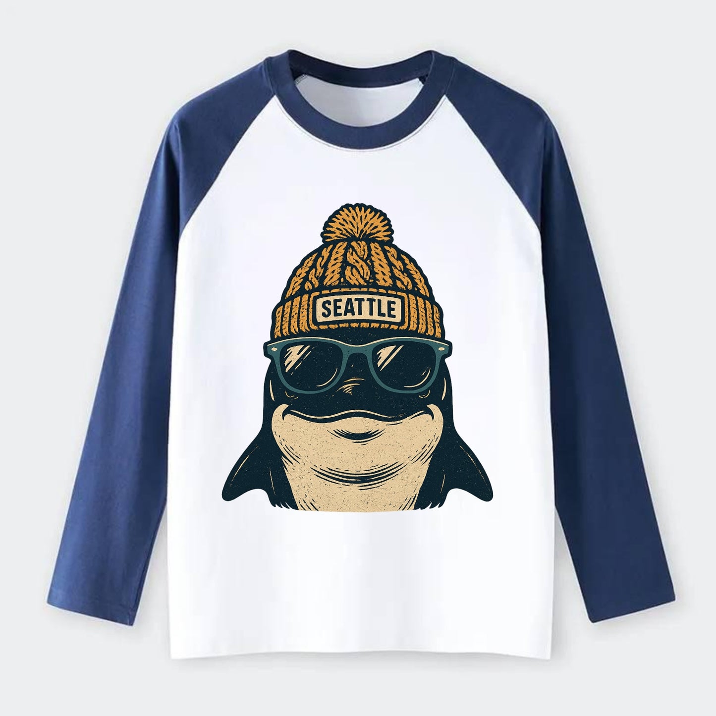 Seattle Orca wearing Seattle beanie with pom pom and wayfarer - Raglan Long Sleeve T-Shirt - Blue