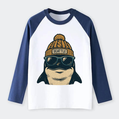 Seattle Orca wearing Seattle beanie with pom pom and wayfarer - Raglan Long Sleeve T-Shirt - Blue