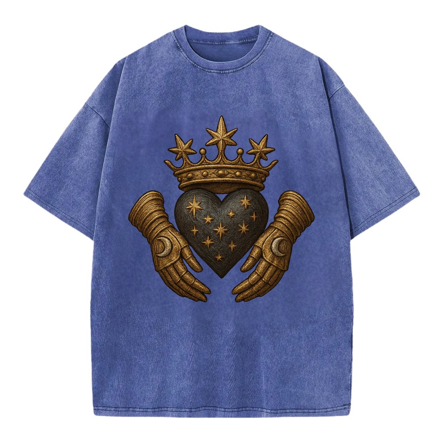 Ice crystal crown framing a frosted heart with fur-trimmed winter hands embracing - Vintage T-shirt - Blue
