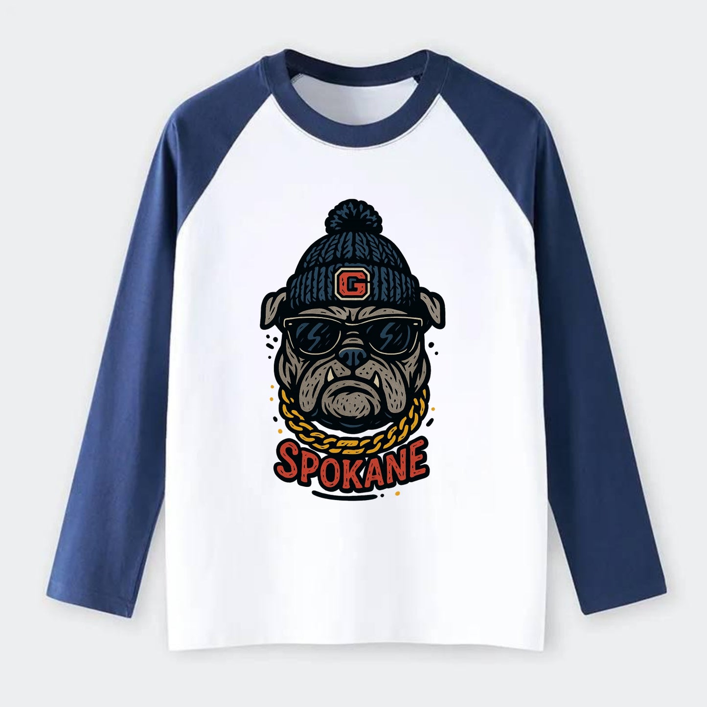 Spokane Bulldog wearing Gonzaga beanie with G patch - Raglan Long Sleeve T-Shirt - Blue