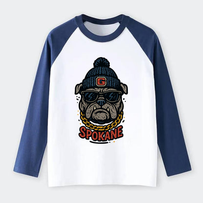 Spokane Bulldog wearing Gonzaga beanie with G patch - Raglan Long Sleeve T-Shirt - Blue
