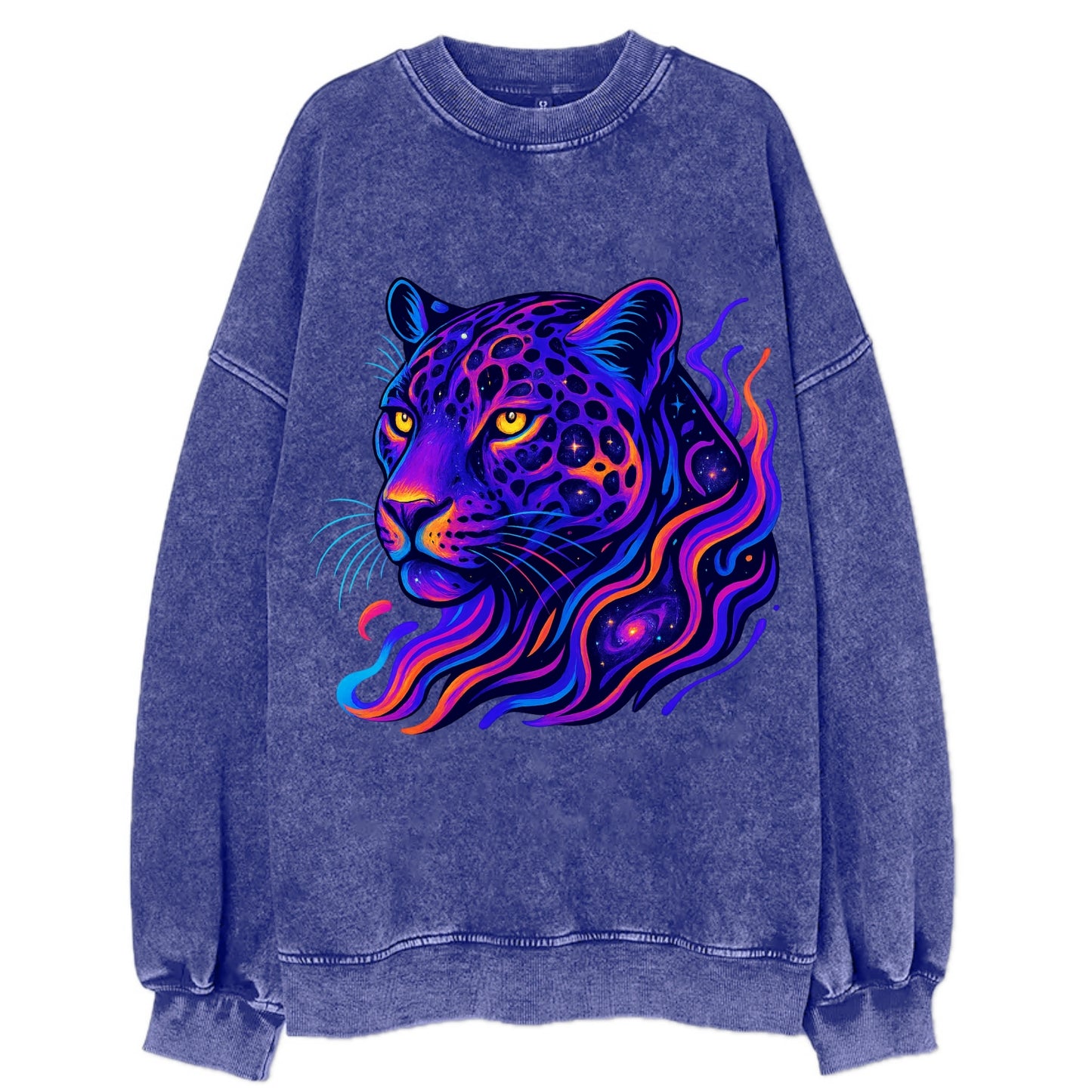 Powerful jaguar with rosettes containing miniature galaxies, cosmic purple and - Vintage Sweatshirt - Blue