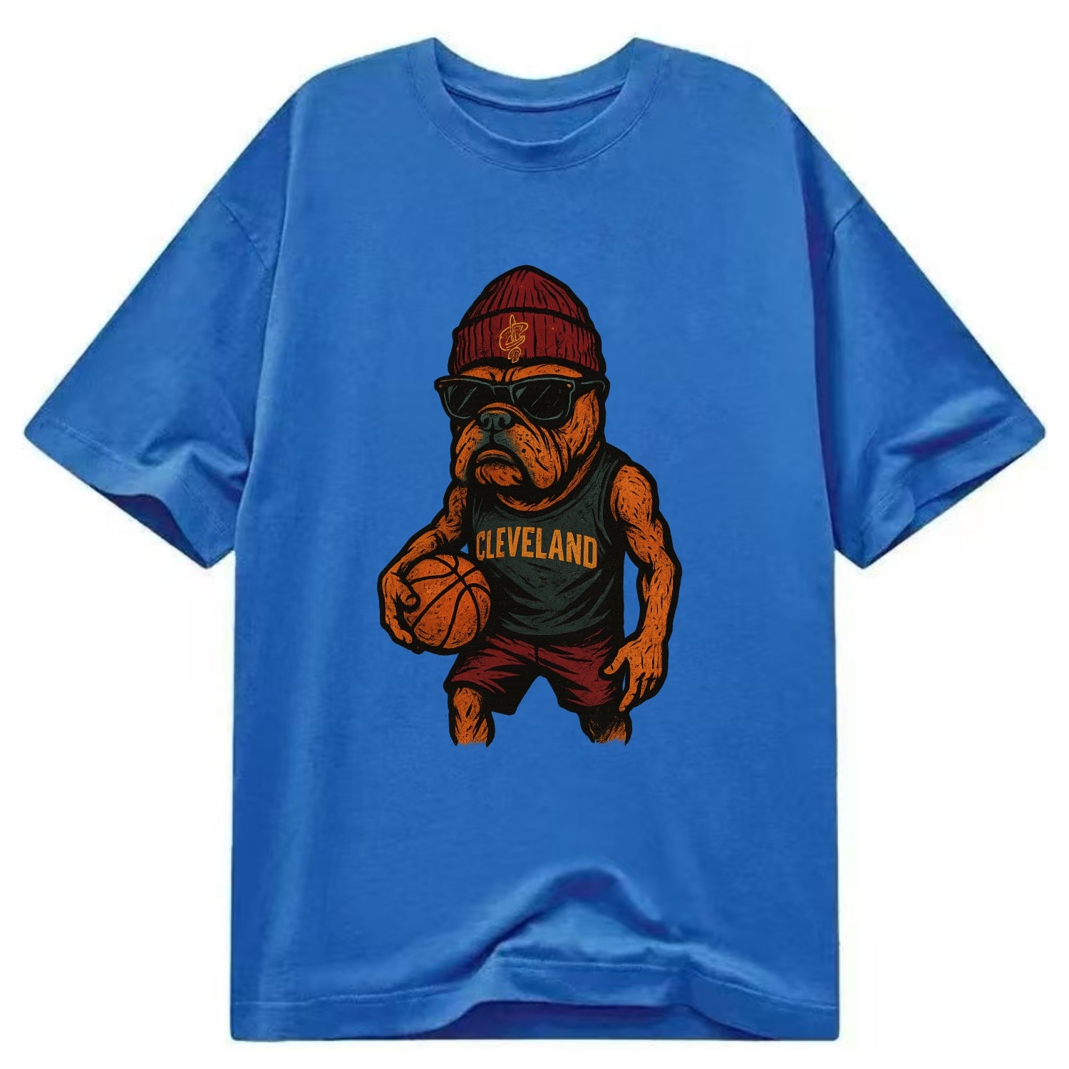 Cleveland Bulldog wearing Cavaliers wine and gold beanie with sword patch and - Classic T-shirt - Blue